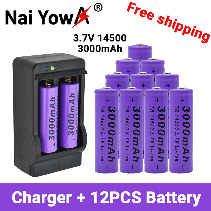 

High capacity 14500 Lithium Battery 3.7V 3000mah Rechargeable Battery Flashlight LED Flashlight Toy Battery FreeShopping+Charger