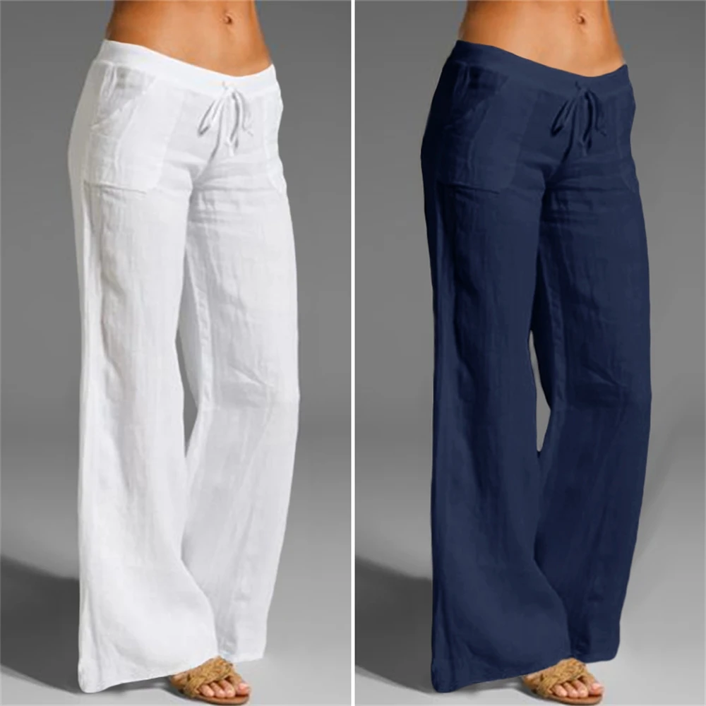 

Women Vintage Wide Leg Pants 2022 Summer Fashion Long Trousers Casual Elastic Waist Solid Thin Party Pantalones