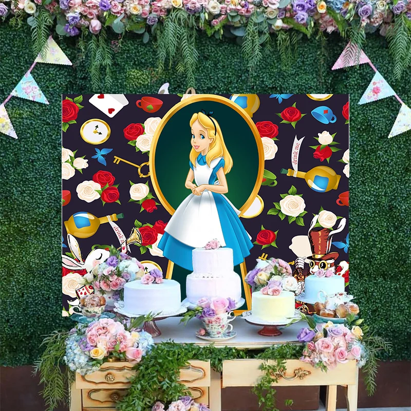 

Cartoon Disney Romantic Red Rose Photo Backdrop Decoration Princess Alice In Wonder Happy Birthday Party Backgrounds Banner