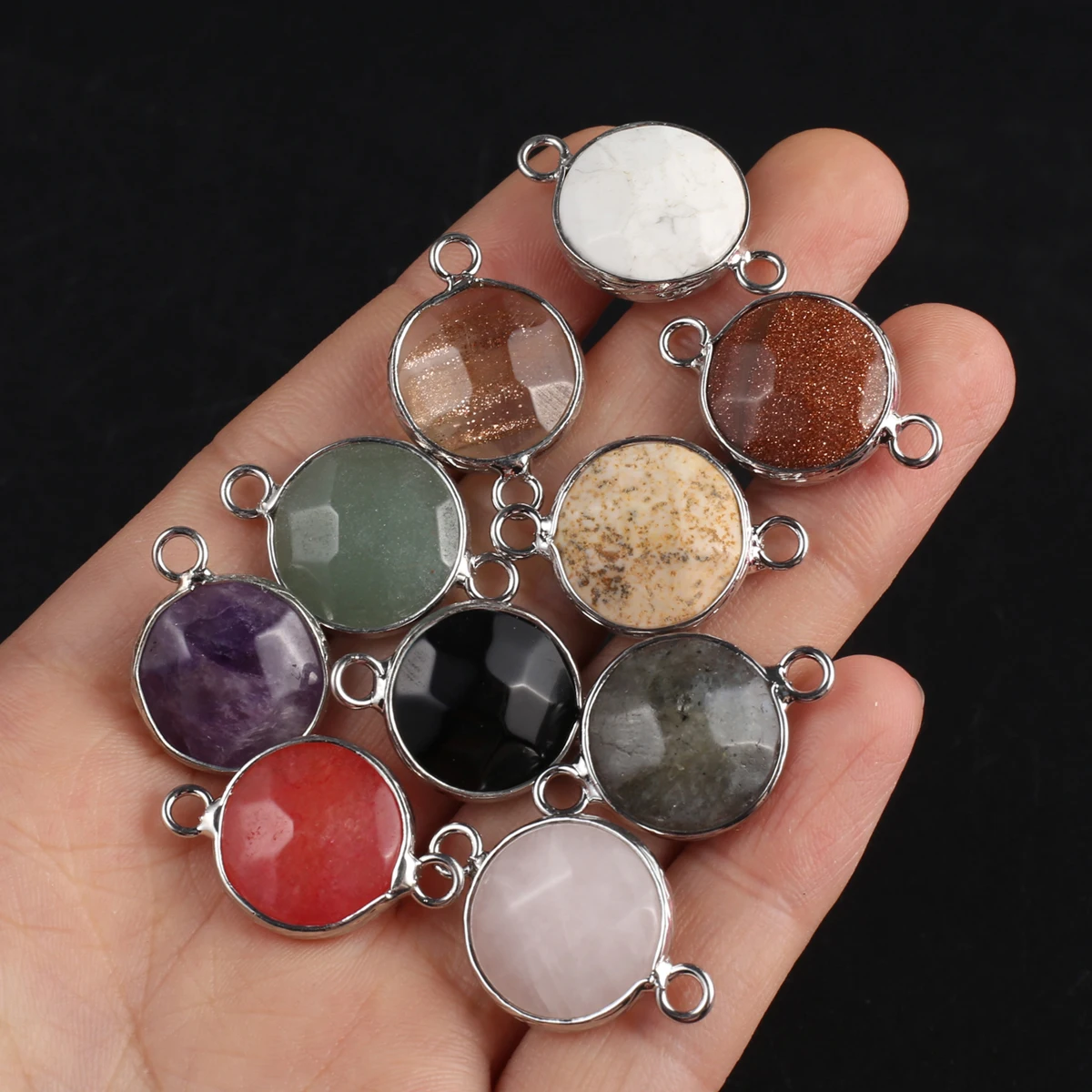 

5pcs Natural Stone Random Color Round Double Hole Connector Pendant Amethyst Red Agate Charms for Jewelry Making DIY Necklaces