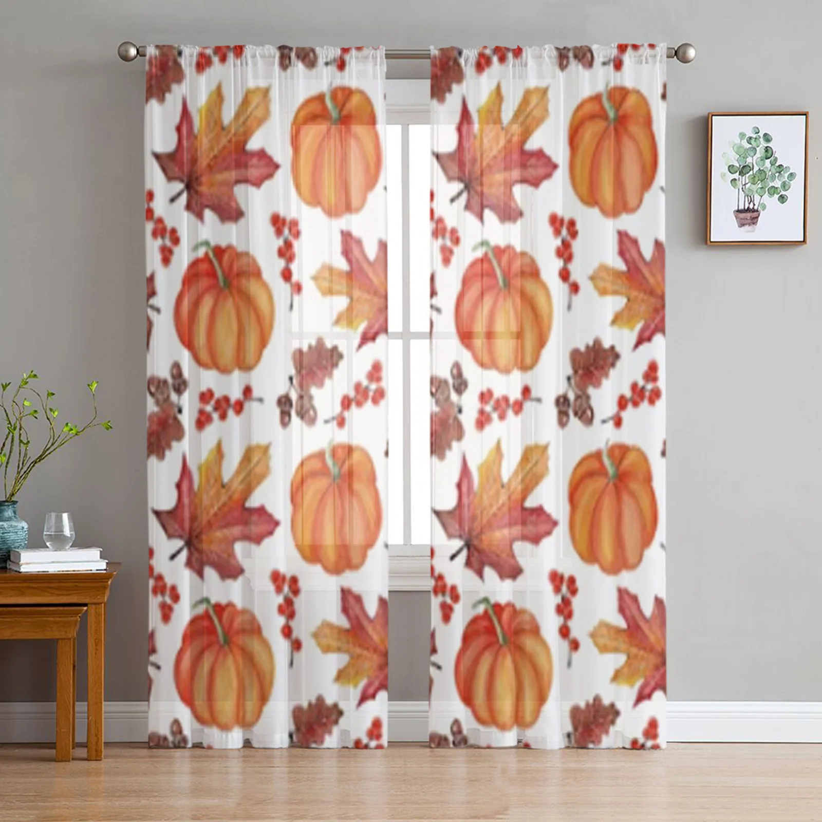 

Прозрачные Занавески с тыквами и осенними элементами, тюлевые шторы для гостиной, спальни, кухни, домашние декоративные прозрачные панели