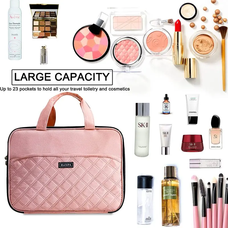 Women Toiletry Bag Travel Makeup Bag Stand Up Cosmetic Bag Pink