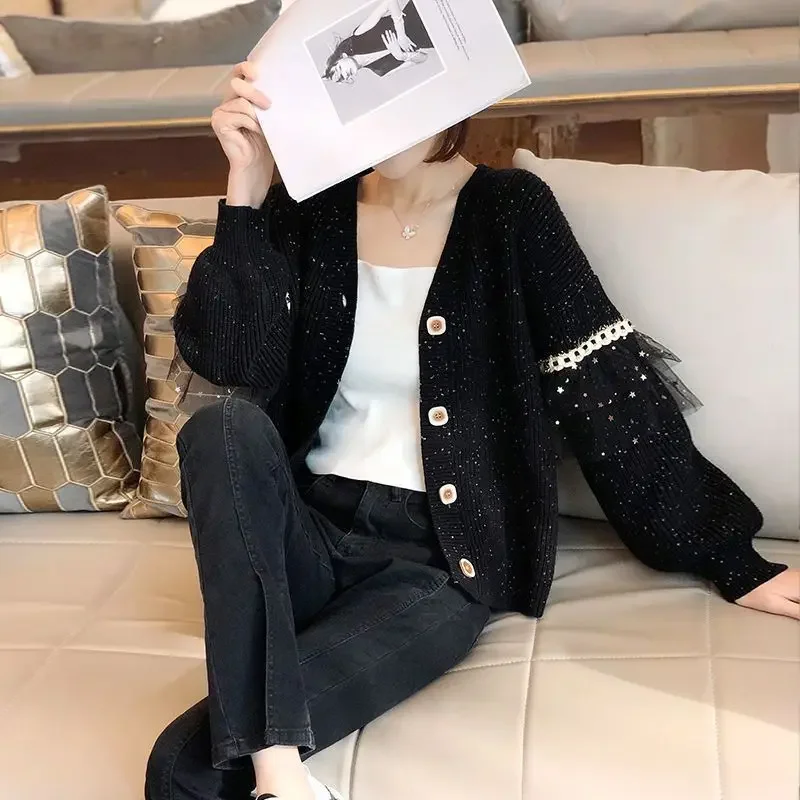 

Женский трикотажный кардиган с V-образным вырезом, длинным рукавом