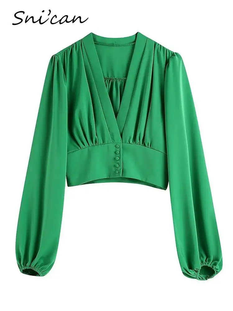 

Solid Green Short Sexy Blouse Fashion Spring V Neck Lantern Sleeve Pleated Tops Outwear Blusas Mujer femme vetement Women Shirt