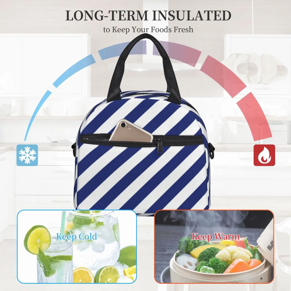 Navy Blue White Nautical Lunch Bag with Handle Diagonal Stripes Clutch Cooler Bag Picnic Cool Pearl Cotton Thermal Bag