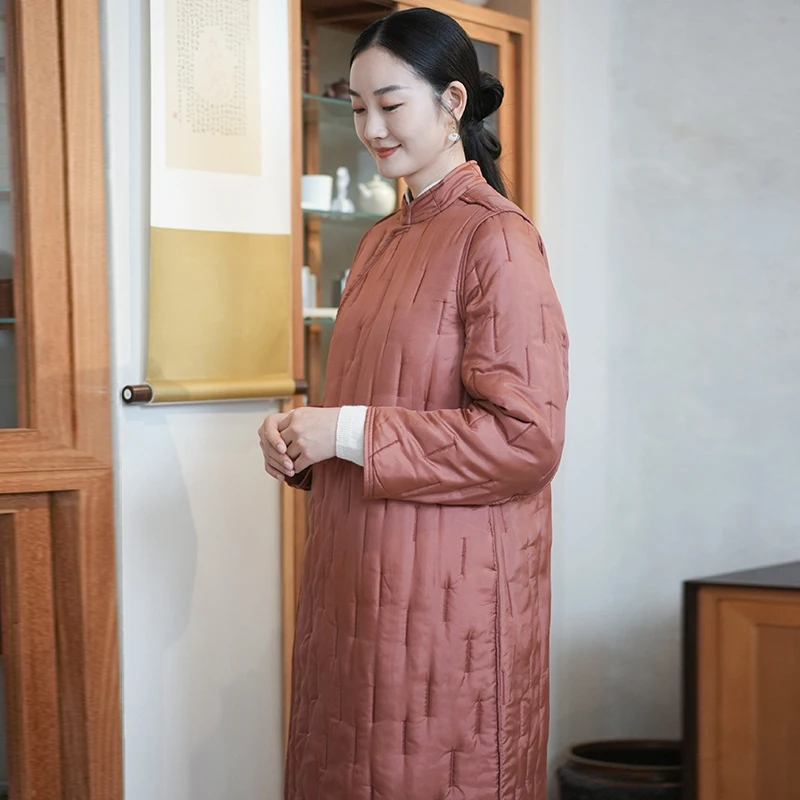 Winter new long single-breasted vintage skinny mulberry silk cotton jacket