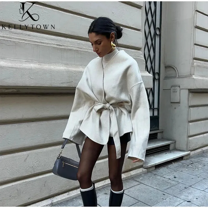 Фото Женские шерстяные пальто с длинными рукавами, свободные куртки-накидки, осенне-зимняя женская одежда, однотонные, 2026, офисный стиль, шикарная верхняя одежда, топы №2