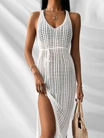 crochet tunic knitted kaftan sexy backless vestidos hollow out robe long beach dress slit 2022 outer cover women cover ups swim