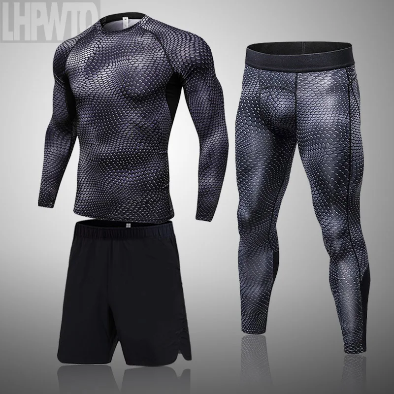 

Snakeskin Pattern Thermal Underwear Tracksuit Men Gym Running set Sports Leggings Compression Rashgarda MMA Workout Clothing