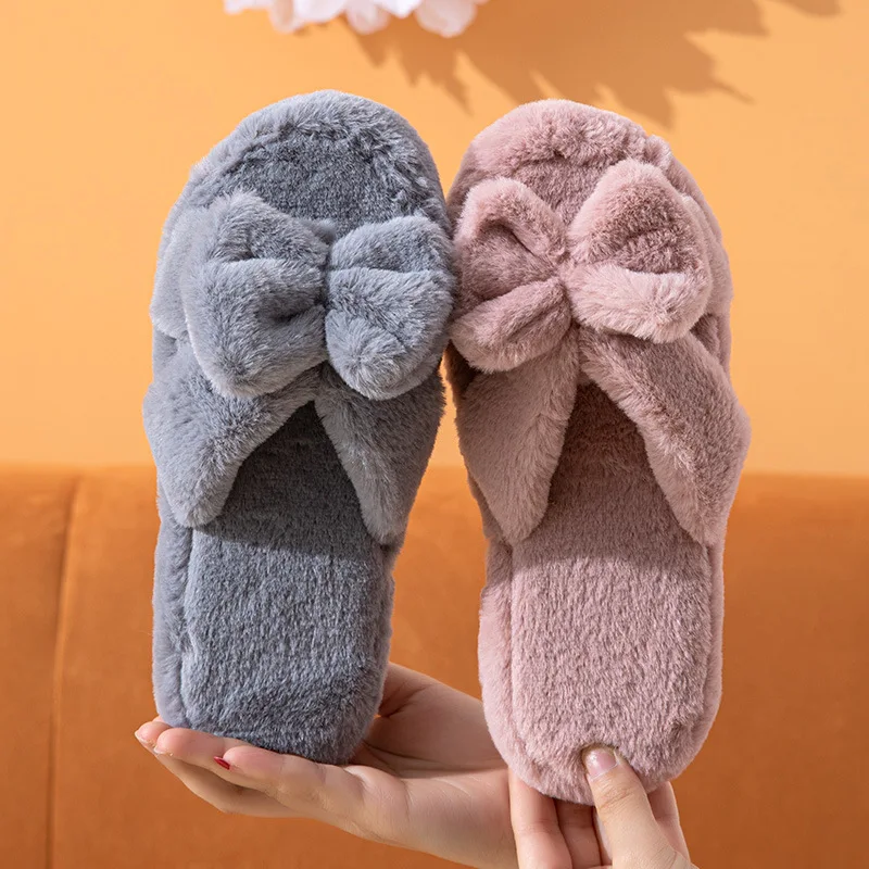 Winter Women's Bow-Tie Chanclas  Fur Slipper Home Shoes For Women  Lovely Floor   Indoor House Slippers With Fur