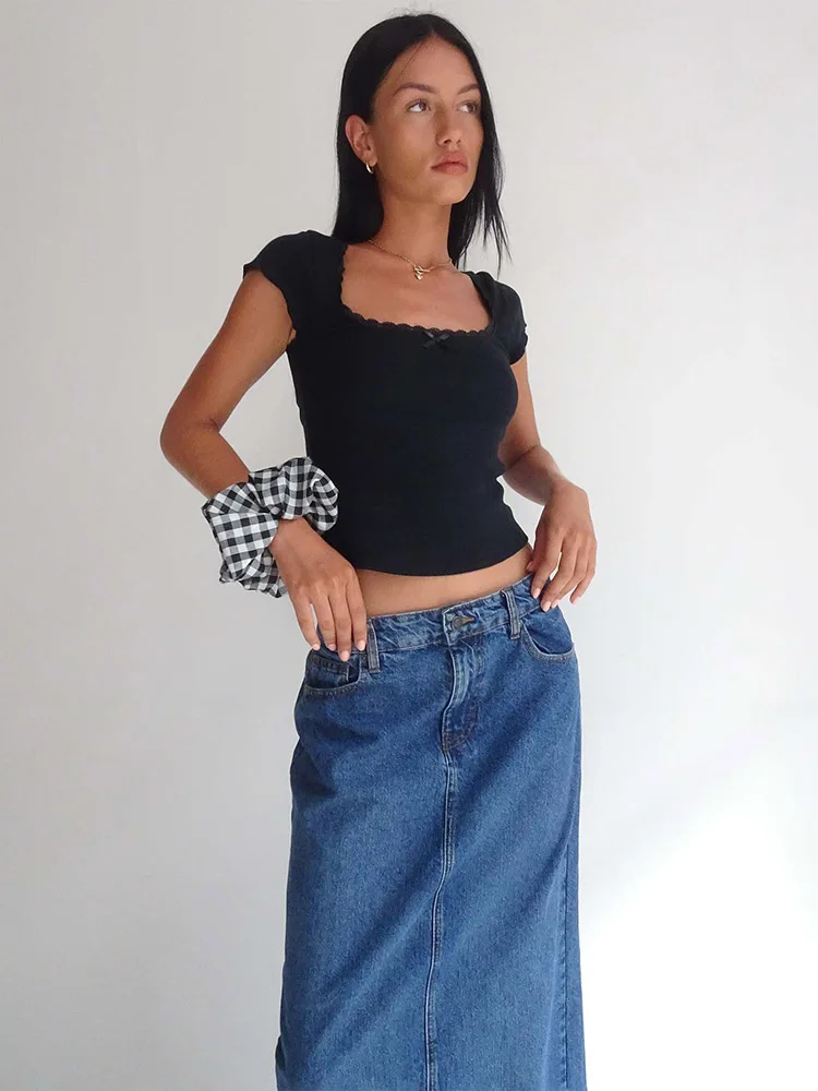 y2k Vintage Baby Tee Cottage Lace Trim Knitted T-Shirt Summer Square Neck Short Sleeve Shirt Women White Milkmaid Crop Top