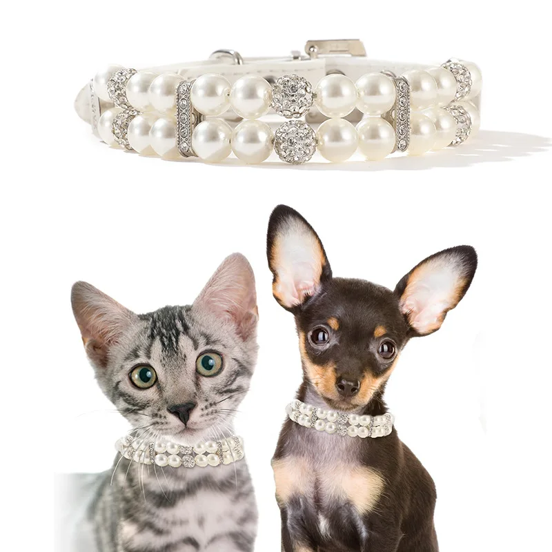 

Jinbide Pet Collars with Jewel Decorative Dog Collar Cat Necklace for Small Pets Chihuahua INS Style Shining Pearl Leash Set