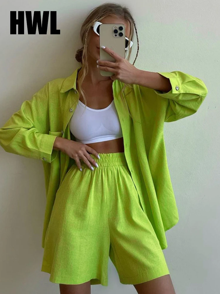 

Autumn Summer Two-piece Wide Leng Pants Solid Color Single-breasted Long-Sleeved Shirt With Shorts Loose Fashion Casual Suit