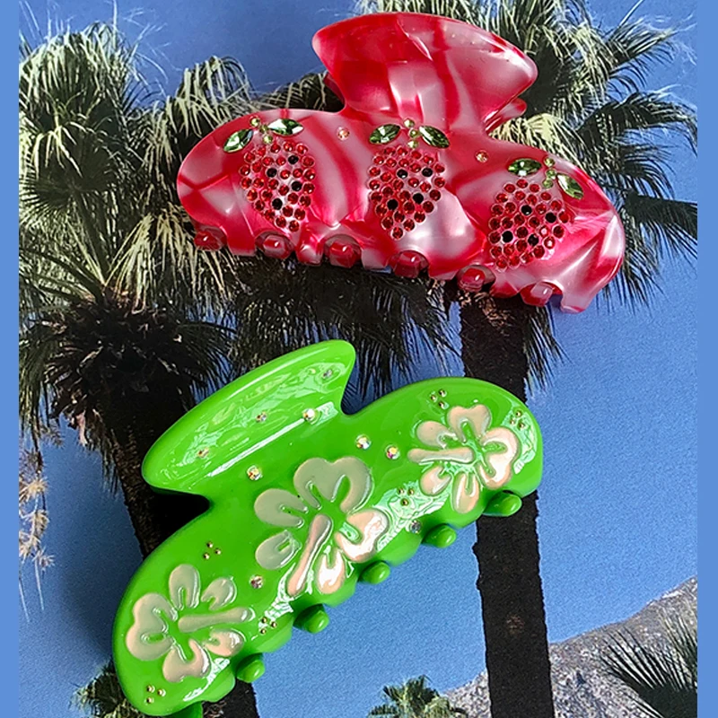 

Korean Design Flower Hair Claws Women Vintage Pink Rhinestone Strawberry Hair Clips Geometric Hair Jewelry INS Jewelry Aesthetic