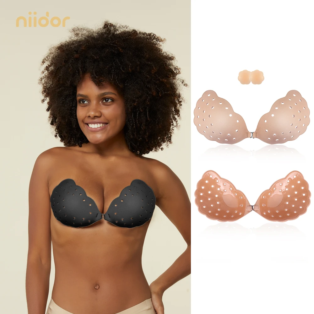 Niidor Adhesive Sticky Bra Invisible Strapless Breathable Skin Friendly Push Up Bras with Silicone Nipple Covers for Women Dress