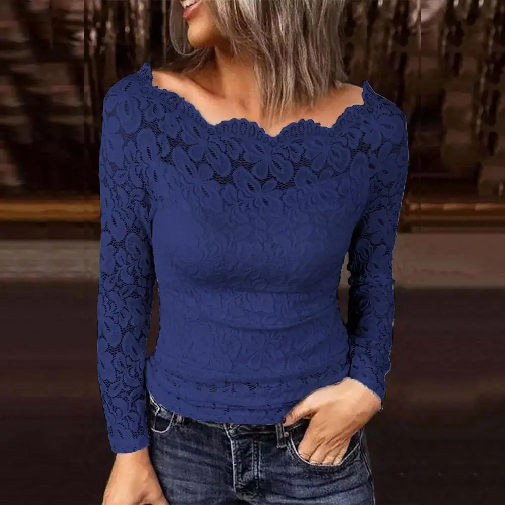 

Women Solid Color Top Chic Off-shoulder Lace Blouses Elegant Women's Streetwear for Slim Fit Style Lightweight Lace Top
