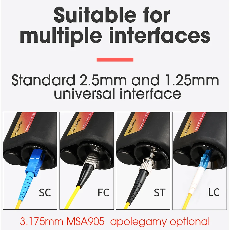 200X Fiber Optical Inspection Microscope LED Illumination Anti Slip Rubber Fiber Microscope 2.5mm(SC/FC/ST) /1.25mm(LC) Adapter