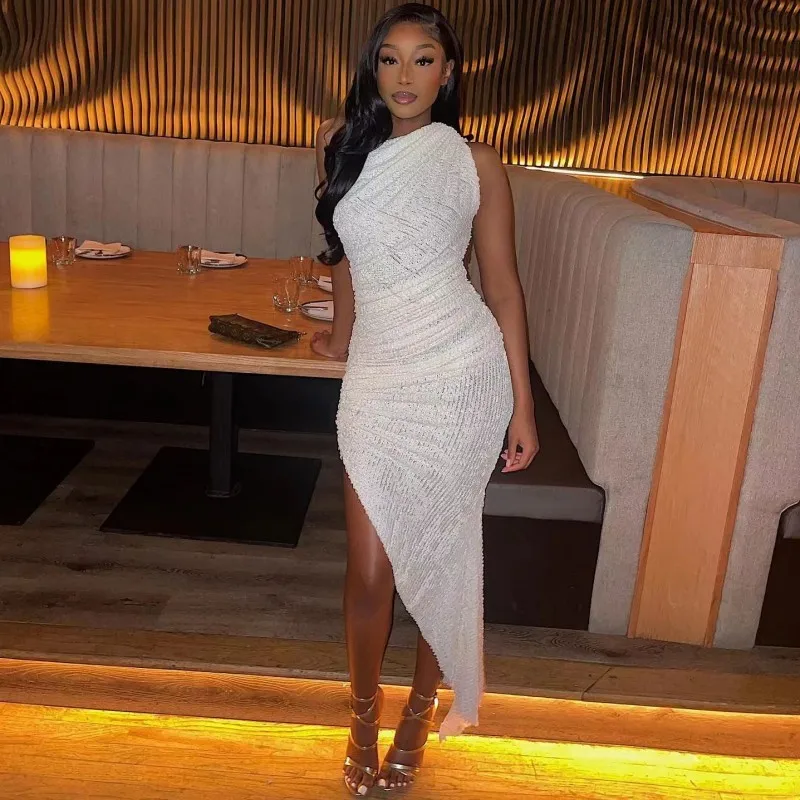 

African Dresses For Women Sexy Body Wrap Hip Long Dress Fashion White Sequin Asymmetrical Sleeveless Party Dresses Spring 2023