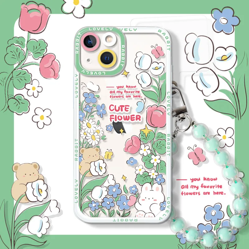 

Cartoon Cute Flower Rabbit Phone Case For IPhone14Pro Max 13Plus 12 11 X XR/XS INS Style Transparent With Lanyard Silicone Cover