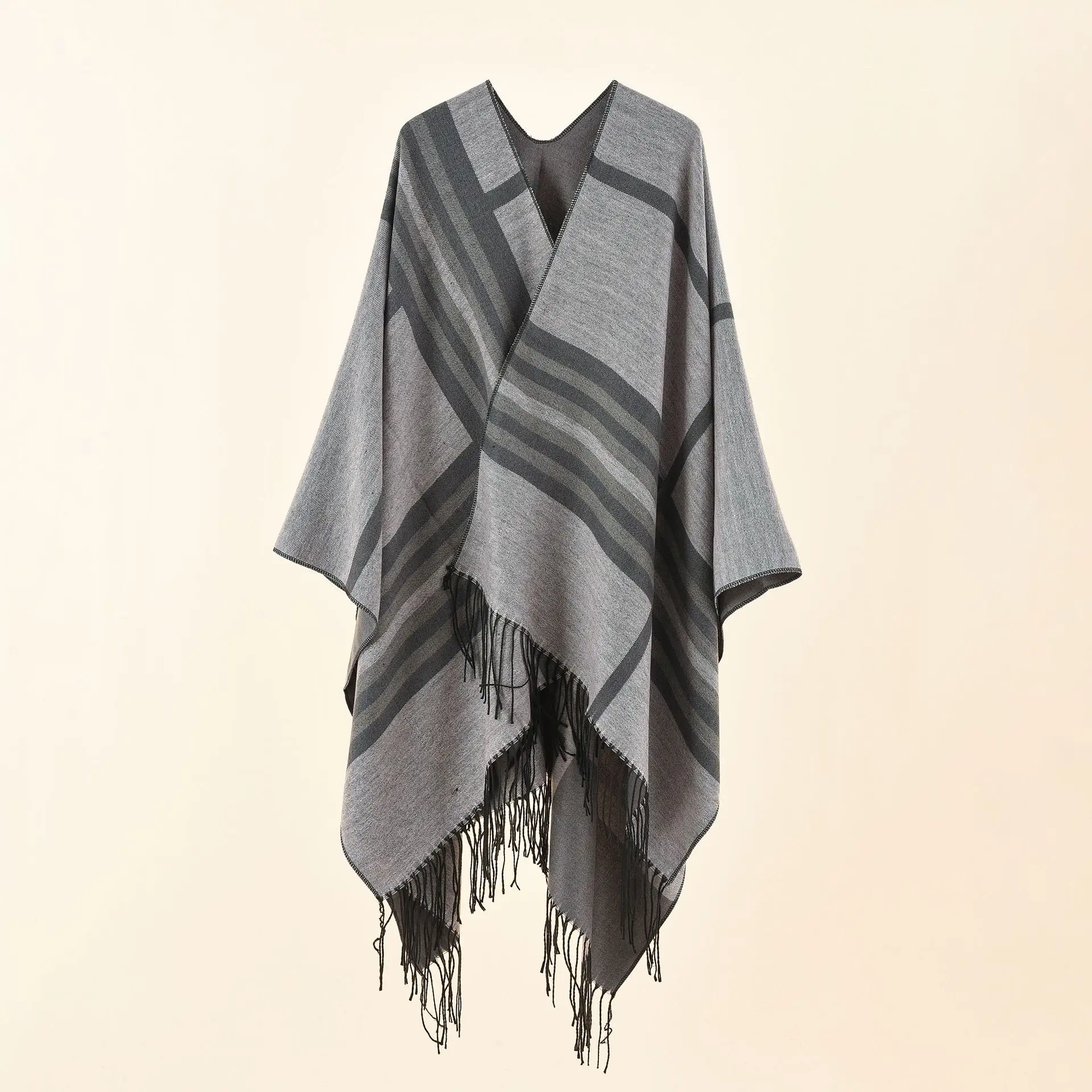 Женская Повседневная шаль черная теплая в крупную клетку/в полоску с имитацией