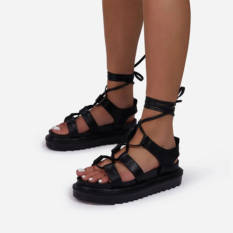 

2022 Women's Gladiator Sandal Flat Platform Summer Shoe For Women Beach Female Casual Ladies Cross Tied Big Size Glossy Footwear