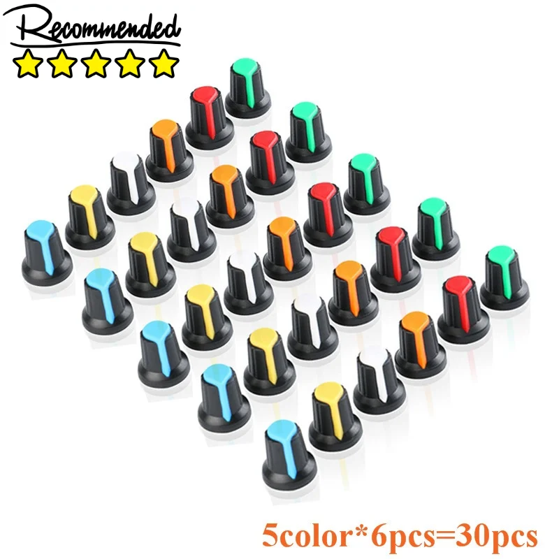 

30PCS/lot WH148 Potentiometer Knob Kit Plastic Knobs Cap 6mm Shaft Hole AG2 Yellow Orange Blue White Red 5value*6PCS=30PCS