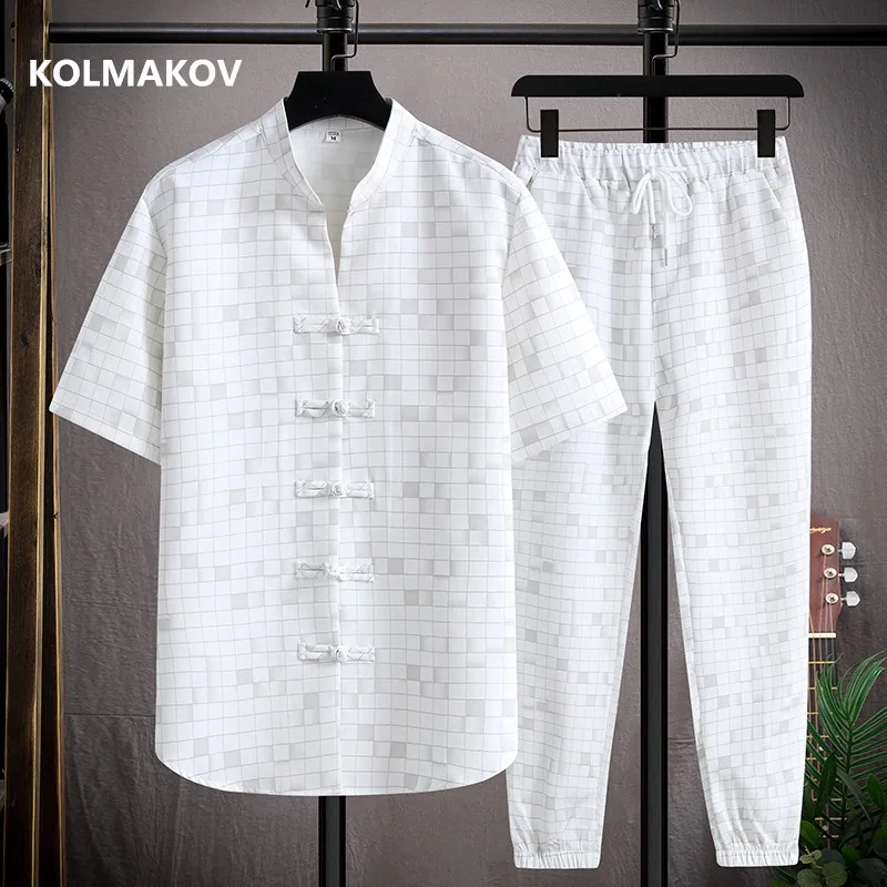 

(Shirt + trousers)2023 summer Chinese Style men shirt Cotton Plaid shirts men's casual elastic waist shirts men size M-5XL
