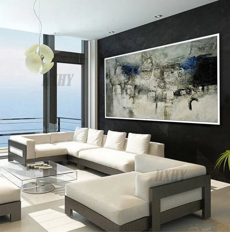 Очень большая панорамная современная абстрактная настенная живопись вручную черно-белая Современная Толстая масляная живопись на холсте