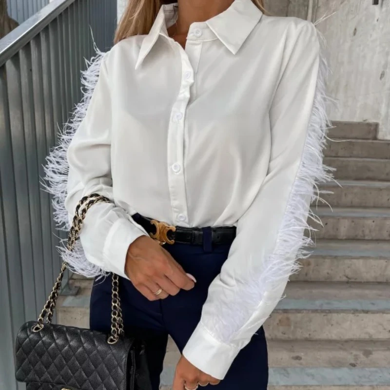 

Женская блузка с отложным воротником, элегантная рубашка составного кроя на пуговицах с длинным рукавом и перьями, осень-весна 24343