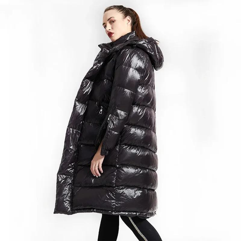 Down Jacket Women's 2022 Winter New Mid-Length Hooded Parkas Glossy Large Size Loose Thick Casual Warm 90 White Duck Down Coats