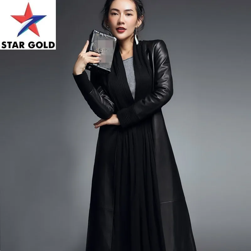 

Coat Fashion Sheepskin Office Lady Elegant Middle Length Genuine Leather Windbreakers Splice Pleated V Neck Slim Fit Long Jacket