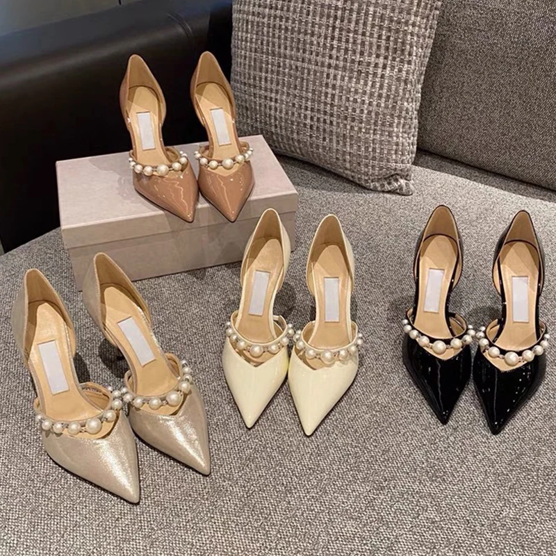 

2022 Women Pumps String Bead High Heels Fashion Wedding Shoes Pointed Toe Stiletto Heels Pu Leather Women Sandals