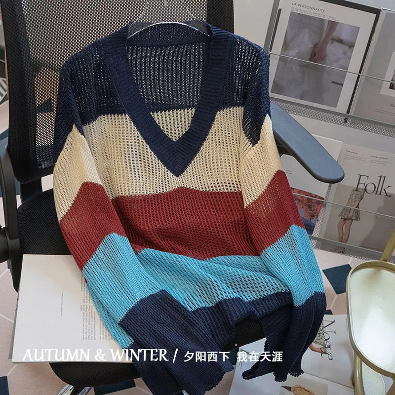 

Autumn New V-neck Clash Color Stripe Long Sleeve Loose Knit Fashionable Languid Lazy Temperament Jacket Female