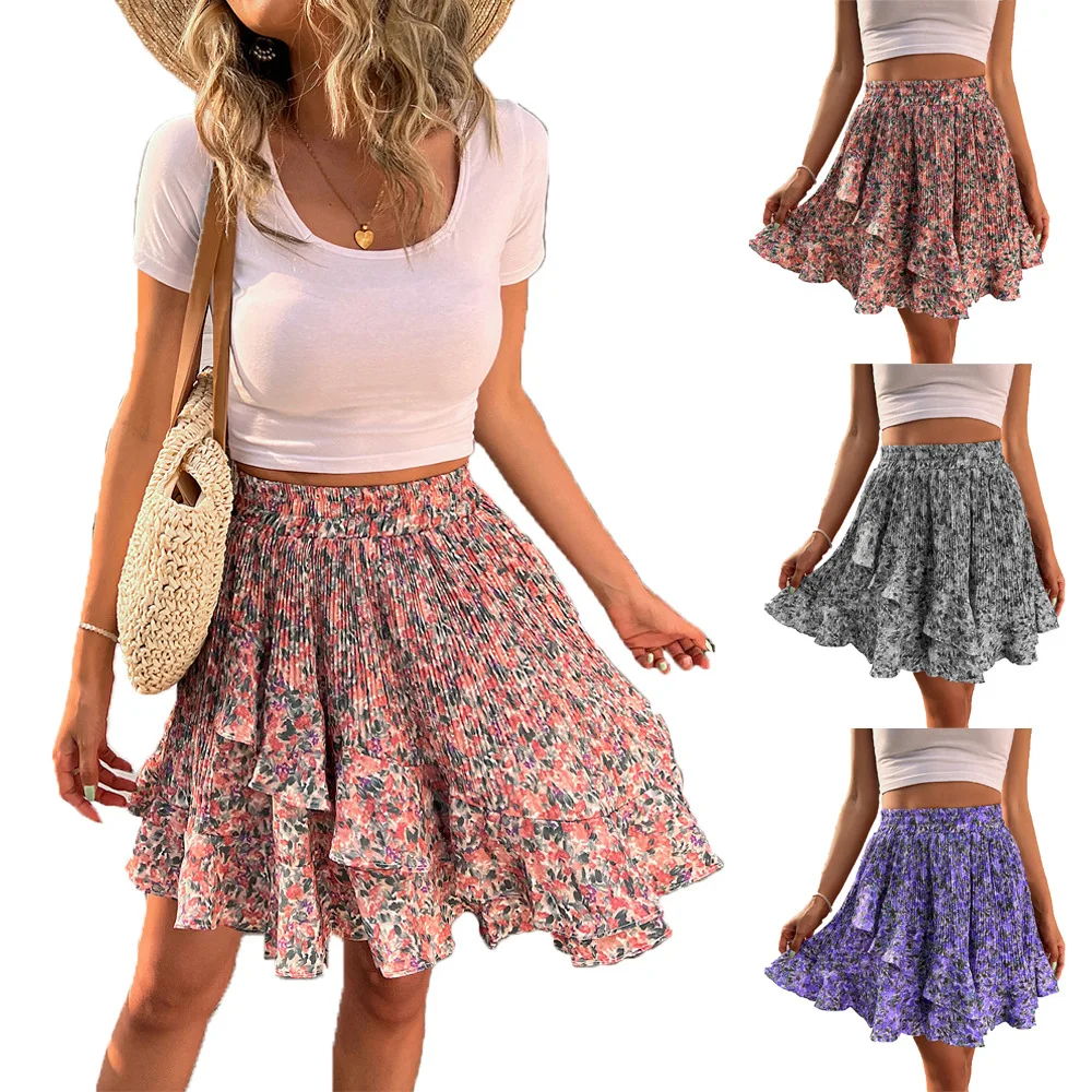 

2022 European and American Women's Clothing New Fashion Personalized Sweet Style Digital Printing Pleated Lotus Leaf Skirt Skirt
