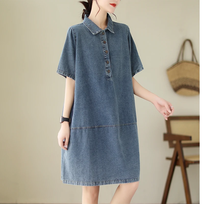 

Simple Japanese Style Denim Dress Woman New Summer Loosen Dresses Plus Size Clothes Soft Jean Dress Vestido Mujer Y2k Blusa 2023