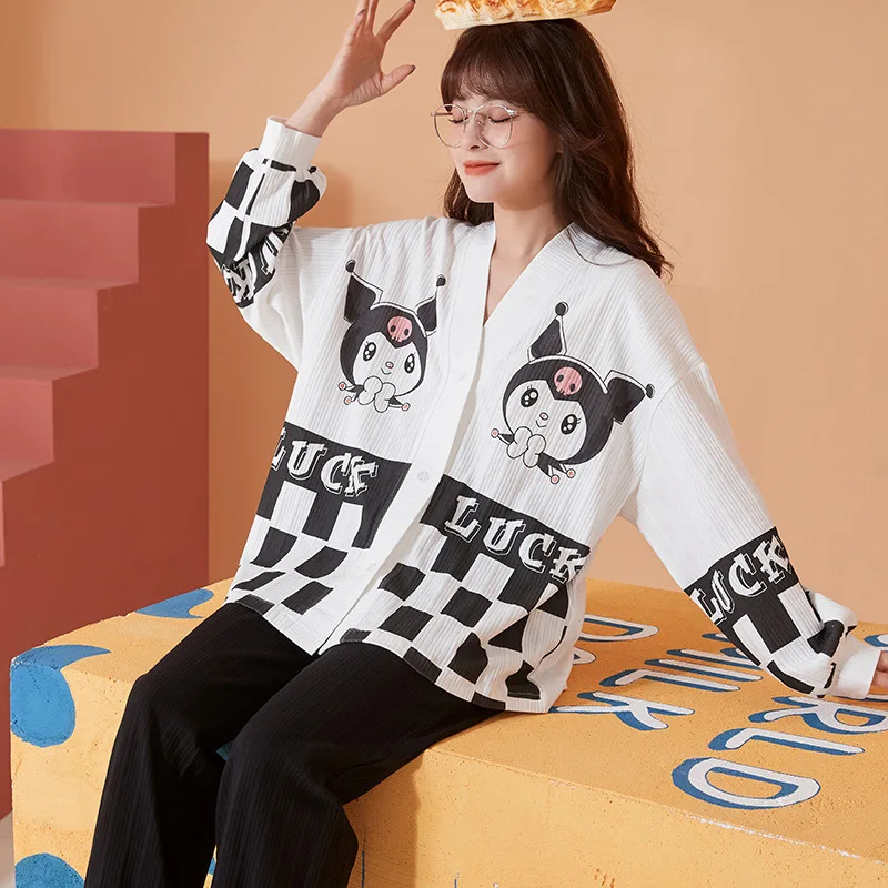 

Sanrio Cartoon Thin Section Pajamas Kuromi Cute Girl Spring Autumn Anime Set Student Pure Cotton Suit Student Christmas Gift