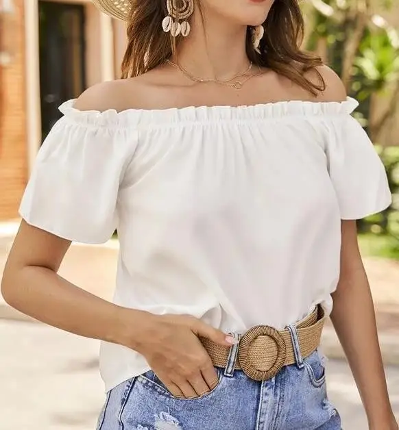 

Short Sleeve Loose Fitting Straight Line Collar Fresh and Sweet Without Buckle Off Shoulder Ruffled Shirt for Women