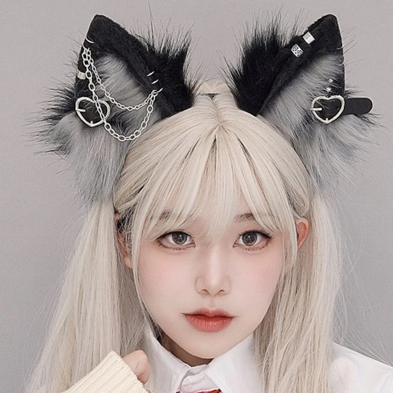 

Punk Cat Ears Shape Headband with Dangle Jewelry Decors Hair Hoop Adult Cosplay Live Broadcast Easter Party Headpiece