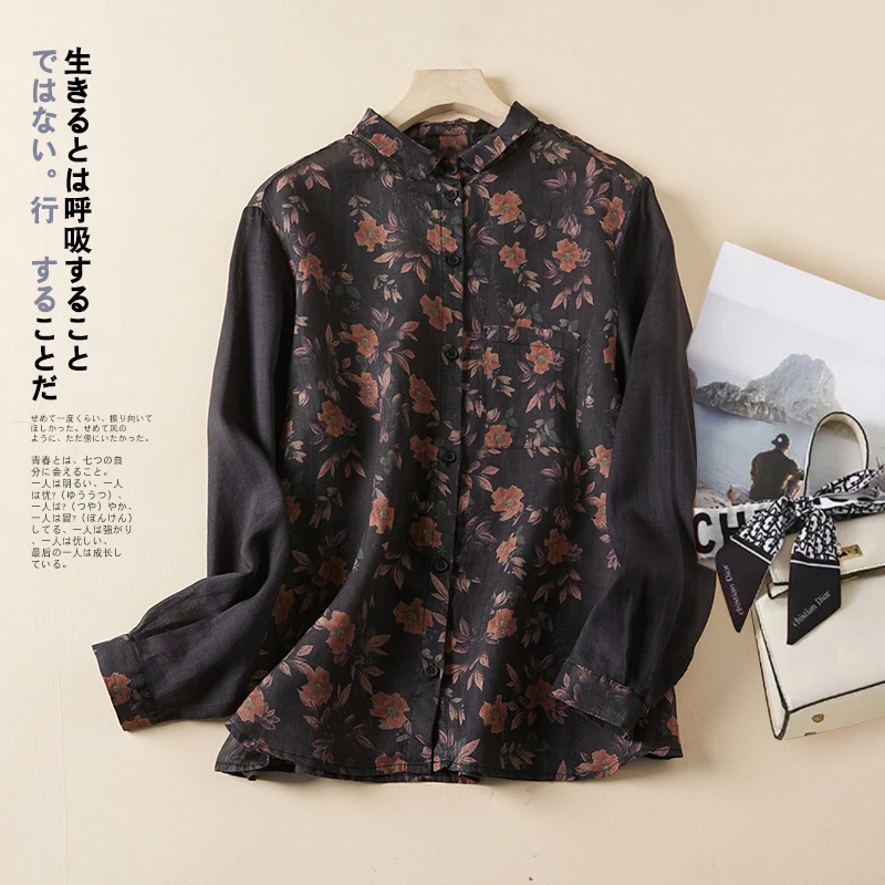 

Spring Autumn Arts Style Women Long Sleeve Loose Casual Shirts Turn-down Collar Vintage Floral Print Cotton Loose Blouse C493