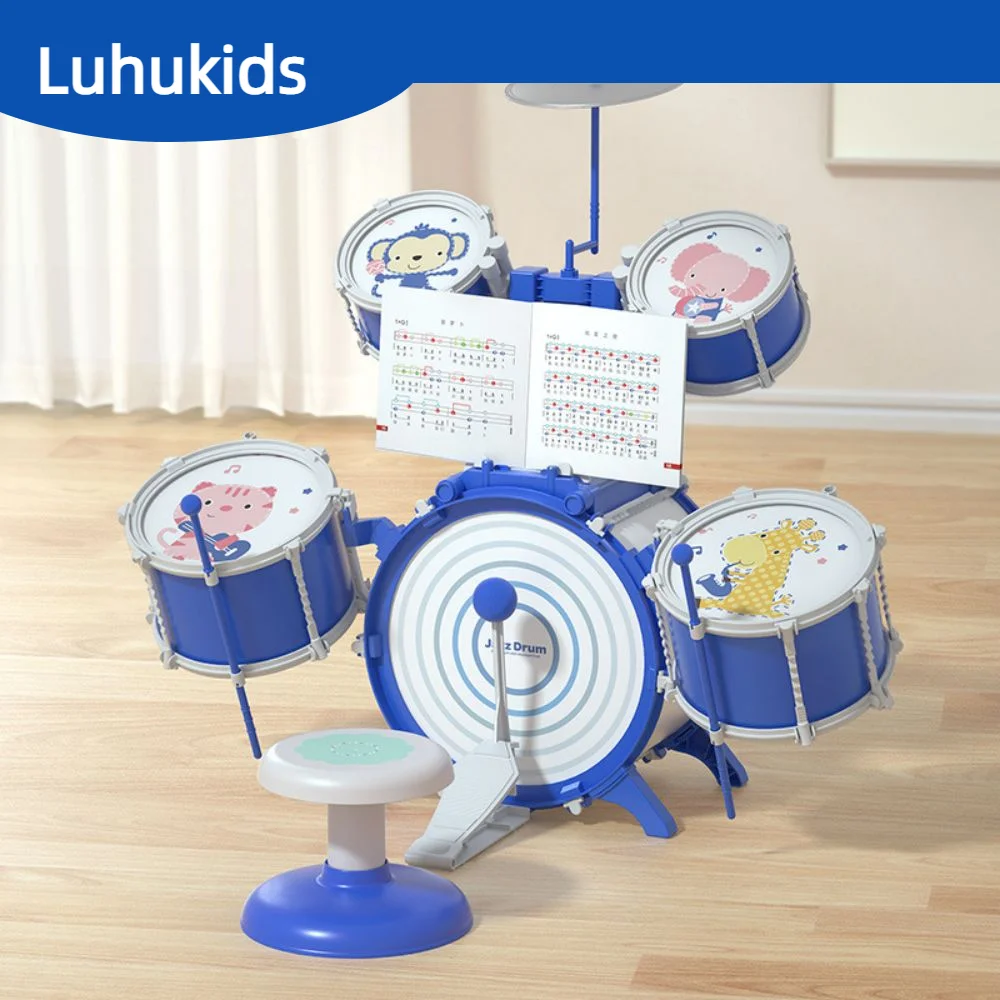 Children's Jazz Drum Set Toy Instrument With Monkey Elephant Cat Giraffe Pattern Suitable For Beginner Babies 3-6 Years Old