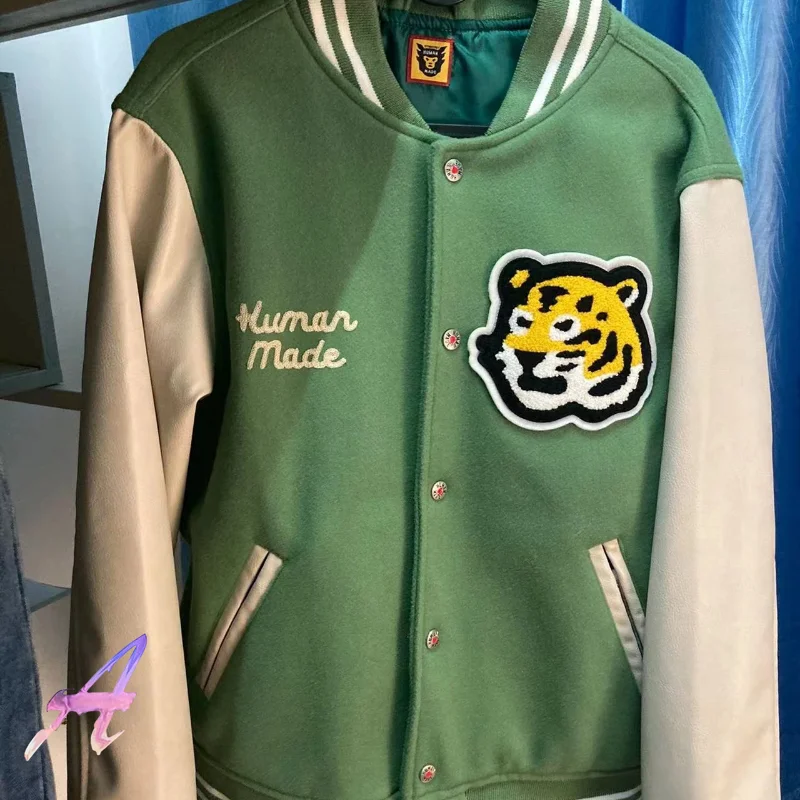

Hot Dog Embroidery Human Made Jackets Retro Men Women Leather Sleeve Baseball Uniform