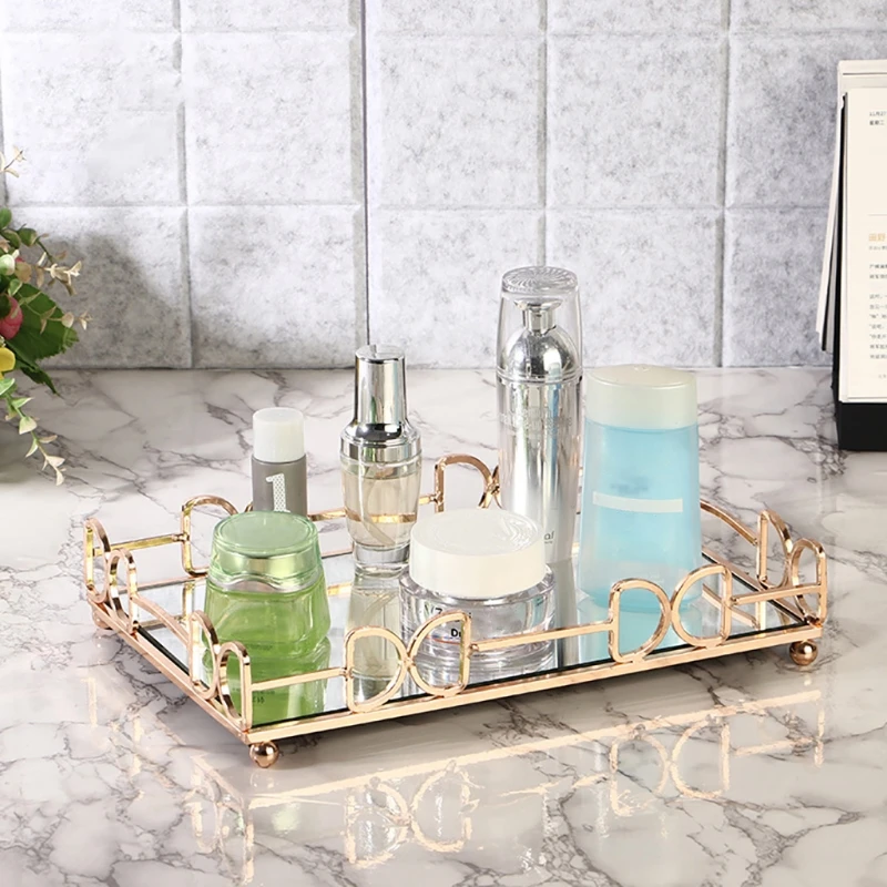 

Прямоугольный Золотой зеркальный поднос H55A, поднос для духов, ювелирных изделий, поднос для туалетного столика, органайзер для макияжа для ...