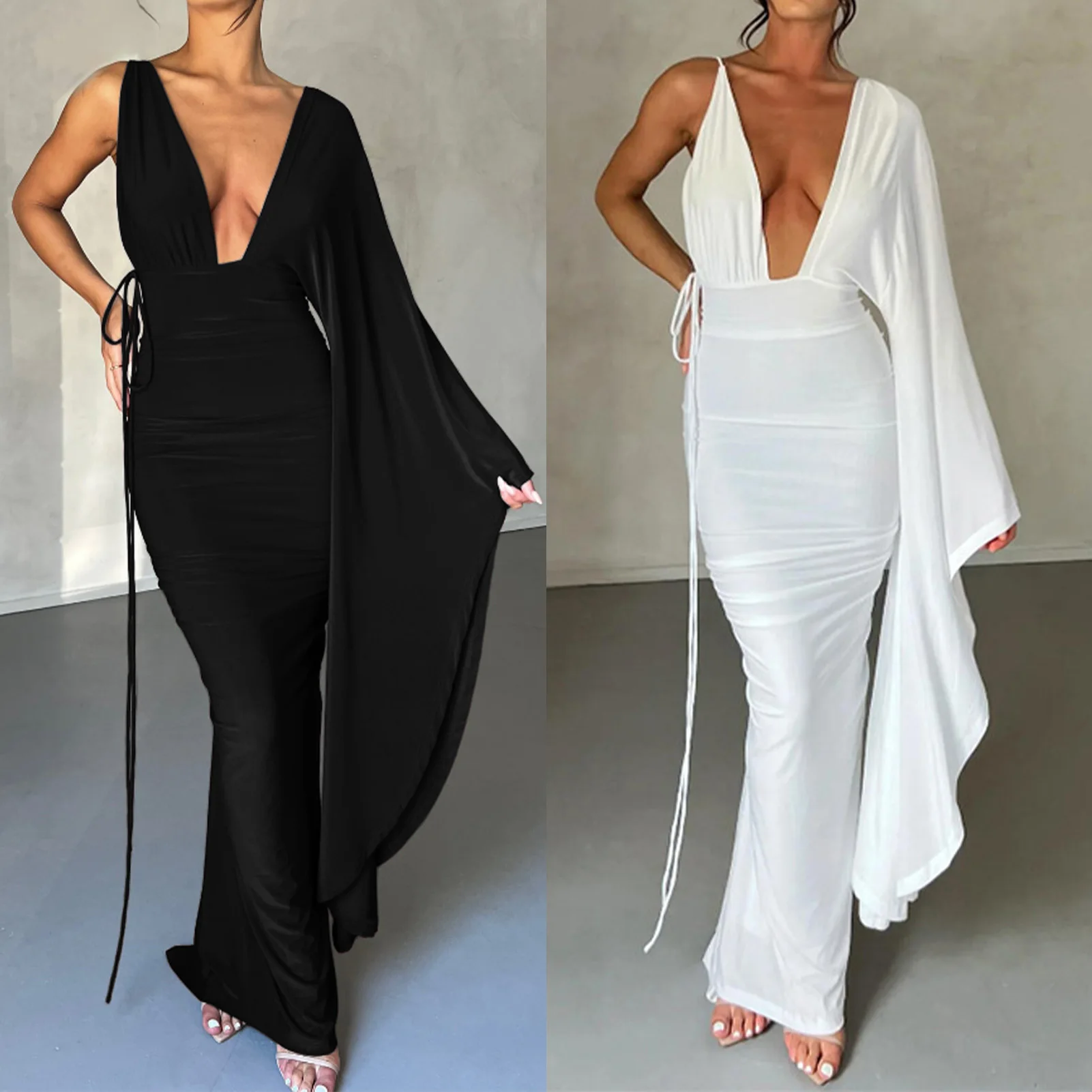 

Slim Fit Ladies One Shoulder Dress Women Backless Maxi Dress Solid Color Vintage Sexy Style Asymmetrical Lace Up Party Clothing