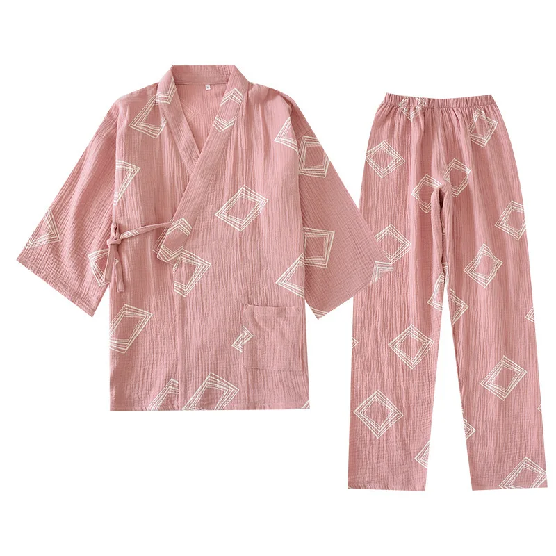 Cotton Pajamas Two Piece Set for Women and Men Printing Loungewear Kimono Robe Lace Up Loose Cardigan Trousers Steam Pajama Sets