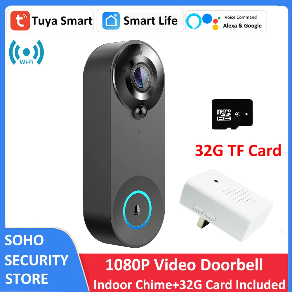 Enlarge Tuya IP65 1080P Smart WiFi Video Doorbell Camera Alexa Google 4400mAh Rechargeable Battery Built-In with USB Chime 32G Card