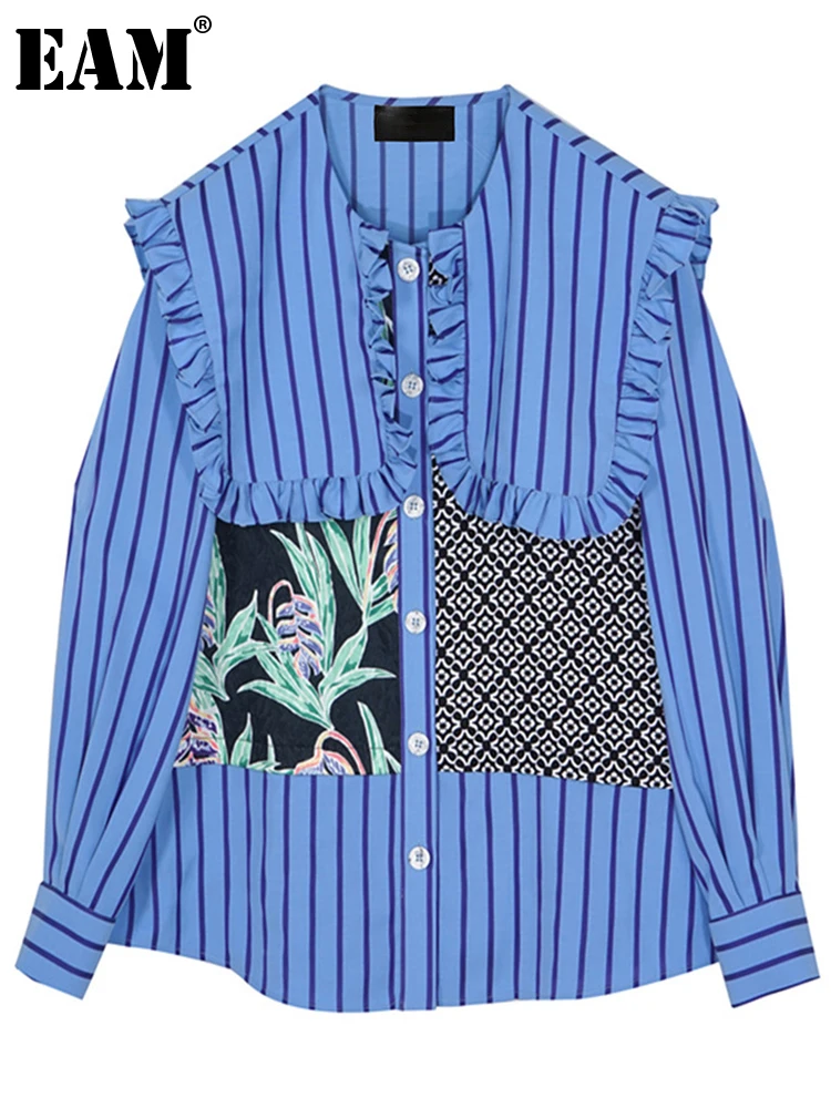 

[EAM] Women Blue Striped Big Size Casual Blouse New Lapel Long Sleeve Loose Fit Shirt Fashion Tide Spring Autumn 2022 1DE6637