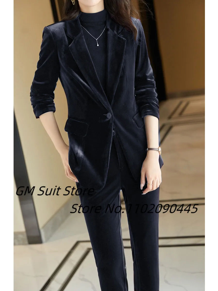 Women's Purple Suit Velvet 2-piece Slim Fit Lapel Blazer Elegant Office Ladies Casual Suits For Women (Jacket+Pants)