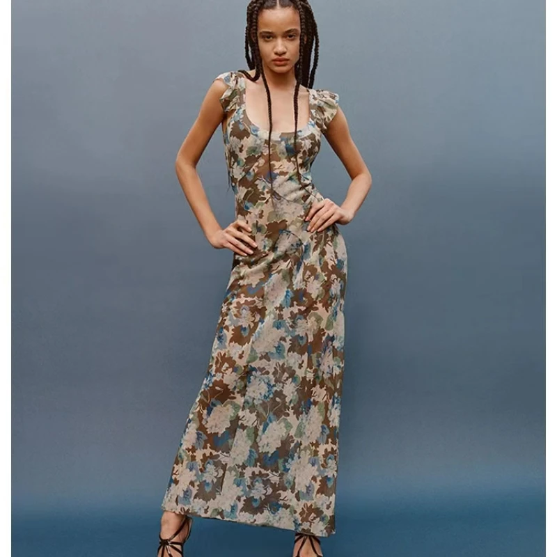 Women Dress 2023 Summer New Retro Print Bias Cut Ruffle Flying Sleeve Long Dress