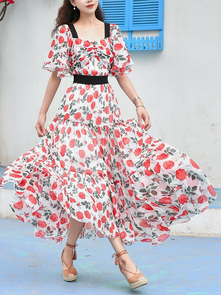 Free Shipping 2022 New Fashion Long maxi Summer Chiffon Sleeveless Big Hem Boshow Women Ruffles Print High Waist Strap Dress