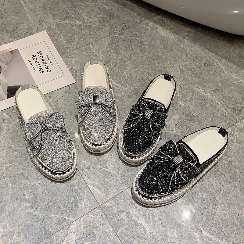 2022 Sequin Diamond Ladies Flat Shoes Beauty Shoes Rhinestone Ladies Casual Leather Shoes Round Toe Slip-on Platform Shoes